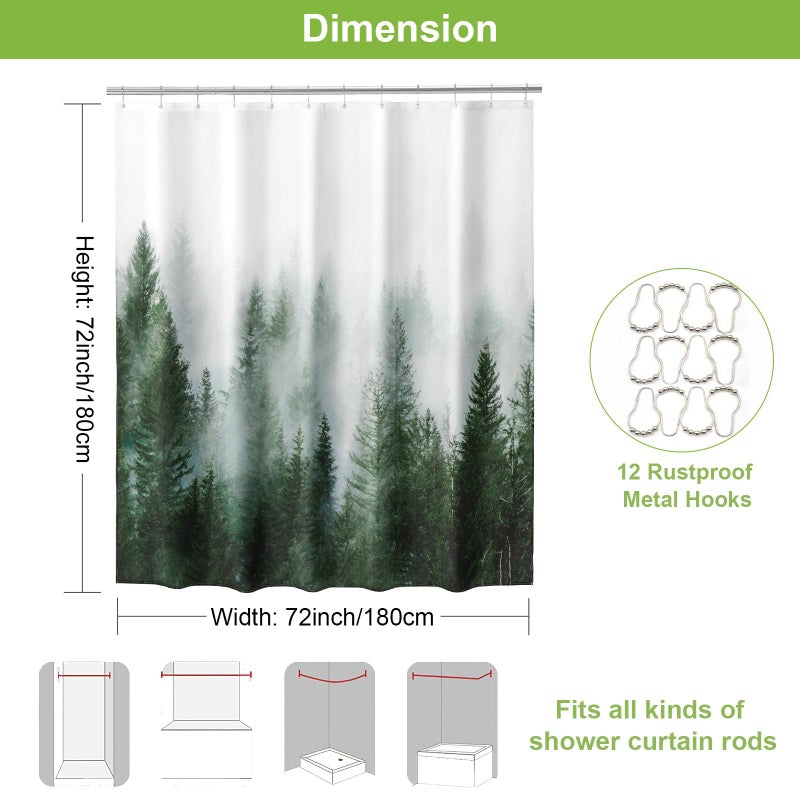 ORTIGIA Green Misty Forest Shower Curtain for Bathroom  Nature Woodland Shower Curtain Set with Metal Hooks  Decorative Pine Tree Fog Magic Bath Curtain for Home  Waterproof Fabric  Weighted  72x72 - Image 2